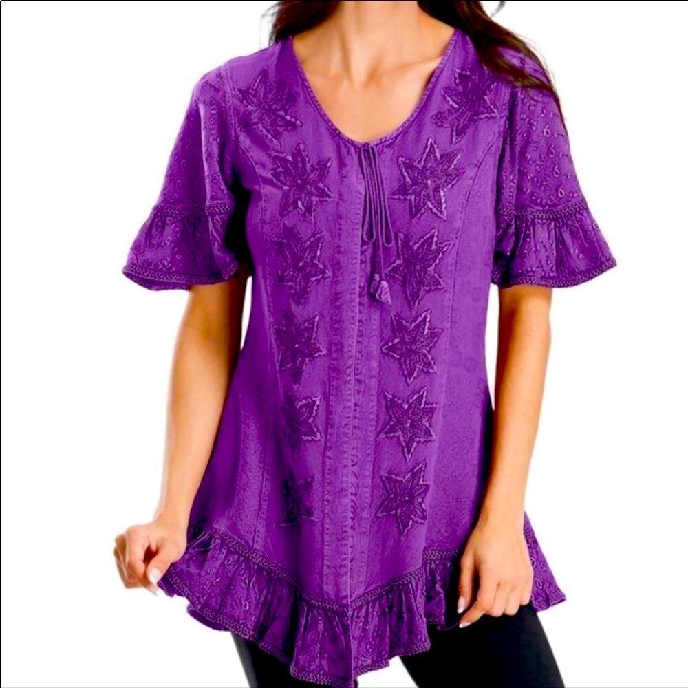 Purple Embroidered Ruffle Lace Trim Stars Embroidered Tunic Blouse NEW